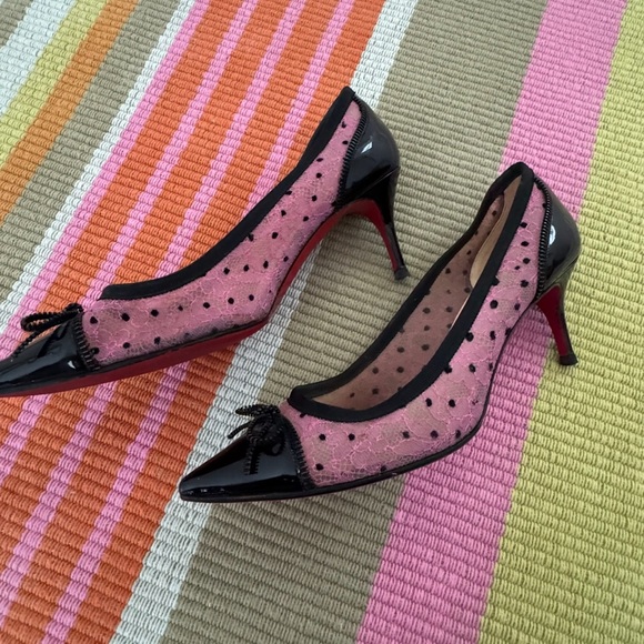 Christian Louboutin Pink and Black Polka Dot Heels - Picture 1 of 7